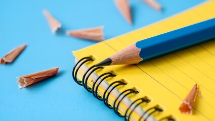 Blue pencil sharpening shavings on a yellow notepad and blue background