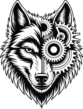 Wolf Head with Gears Illustration mechanical steampunk