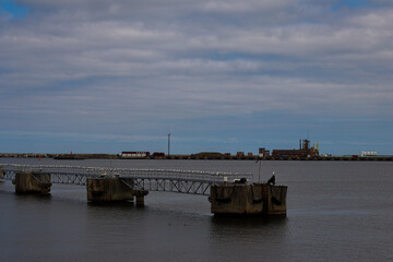 View of an industrial waterfront with concrete pier supports and resting seagulls under a cloudy...
