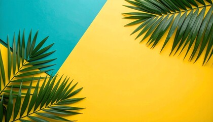 Diagonal tropical-themed background split between teal and yellow