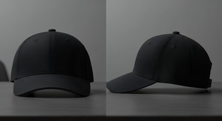 Blank black baseball cap front and side view mockup template for design presentation