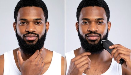 Man trimming beard, before and after