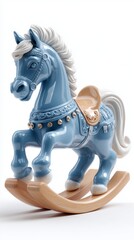 Ceramic blue rocking horse with wooden base and detailed design.