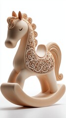 Wooden rocking horse with intricate design details.