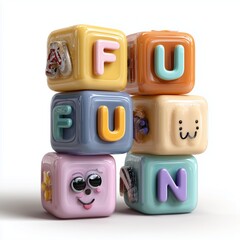 Colorful building blocks spelling "FUN" stacked playfully.