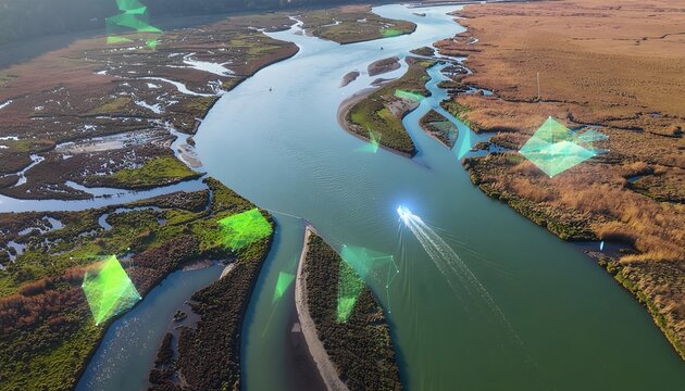 Aerial View: Futuristic Boat on Winding River with Glowing Digital Data Overlay in Lush Marshland - Powered by Adobe