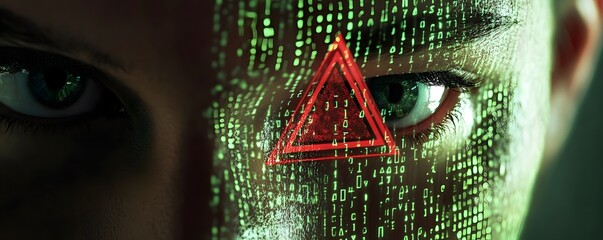 A close-up of a human eye with digital code and a glowing red triangle overlay, representing the fusion of technology and human perception in the digital age.