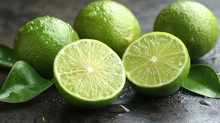 Fresh limes with leaves on a dark surface.