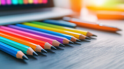Fototapeta premium Colorful pencil set arranged on wooden surface with vibrant hues and soft natural light creating creative and inspiring atmosphere for drawing or coloring activities