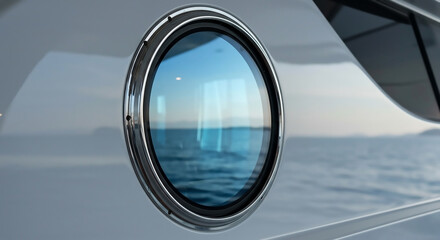 A detailed close-up of a modern yacht's round porthole window, beautifully reflecting the serene blue ocean and clear sky during a sea voyage.