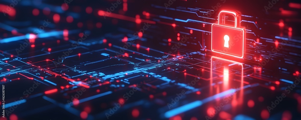 Aufkleber a digital illustration showcasing a glowing padlock symbol over a complex network of interconnected 