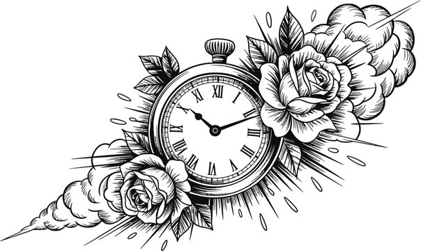Pocket Watch With Roses And Clouds Tattoo Design clock