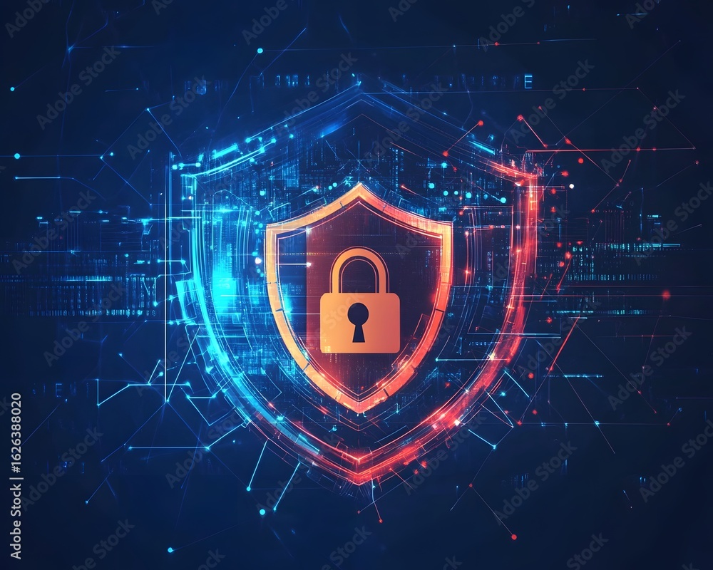 Poster a digital shield symbolizing cybersecurity with a lock at its center, surrounded by vibrant blue and