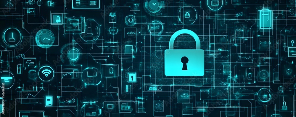 Poster a digital representation of cyber security concepts featuring a glowing padlock amidst various data 