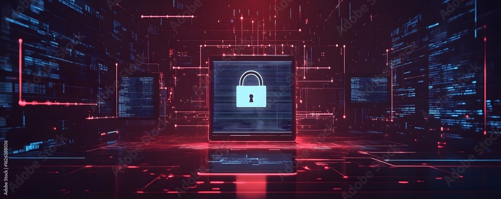 Poster a digital representation of cyber security, showcasing a padlock icon in a futuristic environment wi