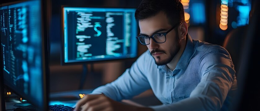 A focused man working intently on computer programming, surrounded by multiple screens displaying code - Powered by Adobe