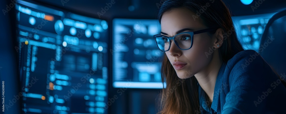 Poster a focused woman wearing glasses is immersed in her work with multiple computer screens displaying da