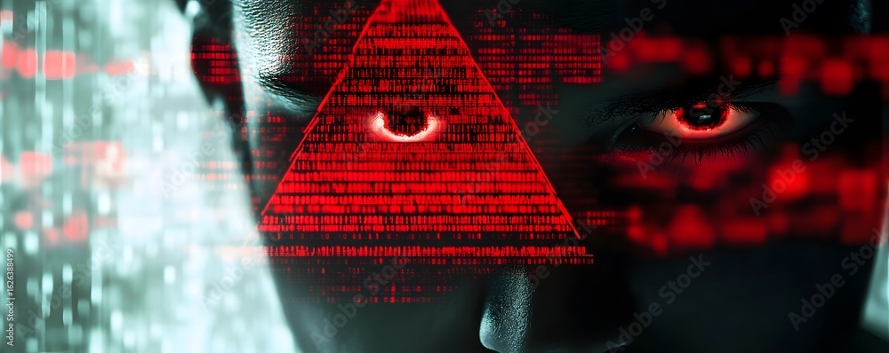 Poster a futuristic close-up of a person's intense gaze, overlaid with digital codes and a striking red tri
