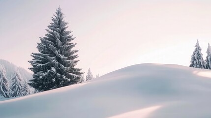 Snowy Landscape with Pine Trees in Frosty Winter Morning Light