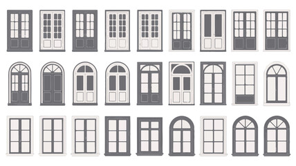 Diverse architectural doors and windows in shades of gray and white entryways openings