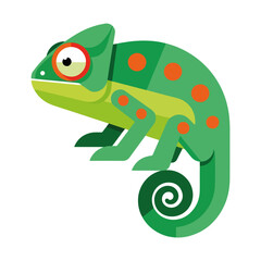 Obraz premium Green chameleon graphic with orange spots, a cheerful lizard in bright colors. Chameleon displays natural camouflage adapting to different environments.