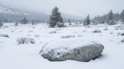 Snowy Landscape with Rock and Frost Covered Pine Trees