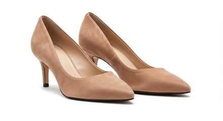 Two beige suede high heels are positioned on a white background, showcasing their elegant design and form.