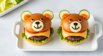 Fototapeta premium Adorable bear-shaped burgers with fresh ingredients, perfect for a fun and healthy meal or