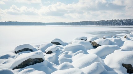 Snowy Landscape with Rocks and Frozen Lake Under a Bright Sky