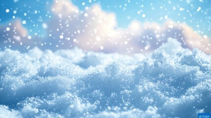 Snowy Landscape with Soft Blue Sky and Delicate Snowflakes Falling