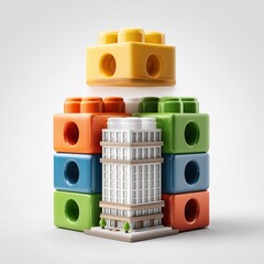 Colorful building blocks forming a skyscraper model.