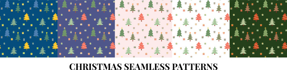 A set of five seamless Christmas vector patterns featuring stylized trees, gifts, and stars in bright and festive color palettes. Ideal for fabric and wrapping paper.