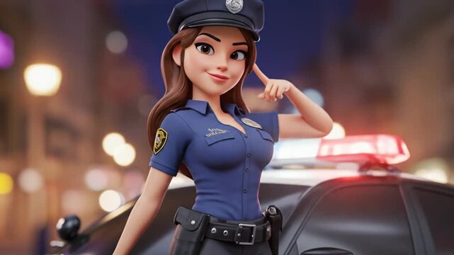 A stylish cartoon police officer poses confidently beside her patrol car.