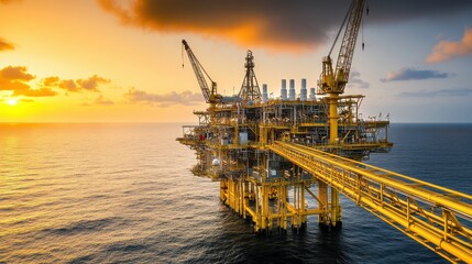 Obraz premium Offshore Oil Rig at Sunset Over Calm Ocean Waters and Dramatic Sky