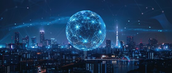 Modern Cityscape at Night with Global Network Concept Visualization