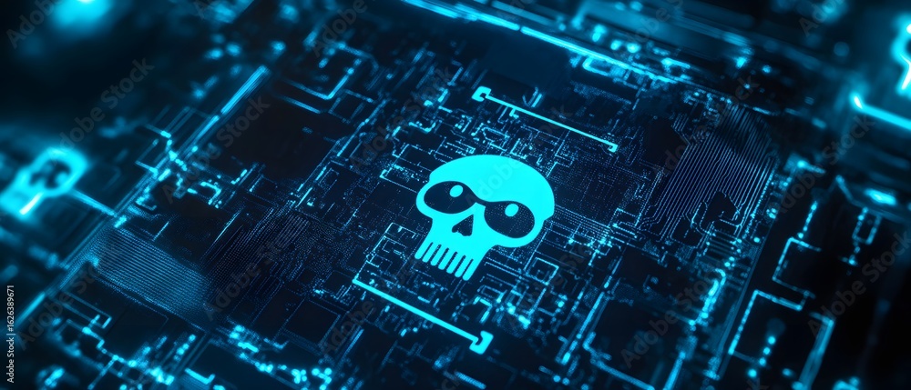 Poster a striking digital illustration of a blue skull symbol embedded within a circuit board, representing