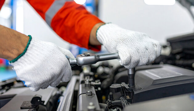 Close up of a car mechanic at work in the garage repairing the car, using a tool to fix vehicle