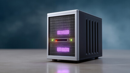 Fototapeta premium Server unit with glowing purple lights and indicator LEDs on reflective surface, showcasing modern technology and data center equipment in dim environment