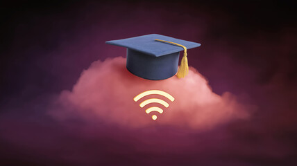 Graduation cap floating above pink cloud with glowing Wi Fi symbol, representing cloud based learning and digital education in modern, connected world