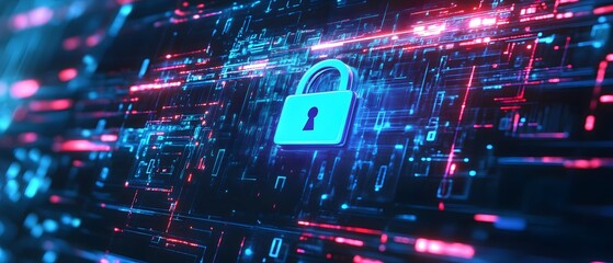 A vibrant digital illustration featuring a glowing padlock icon amidst a backdrop of colorful data streams, representing cybersecurity and data protection in the digital age.