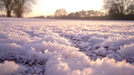 Snowy Landscape with Sparkling Frost Under Soft Sunrise Light