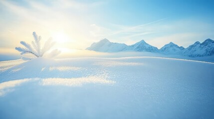 Snowy Landscape with Sunlight and Mountain Peaks in Background
