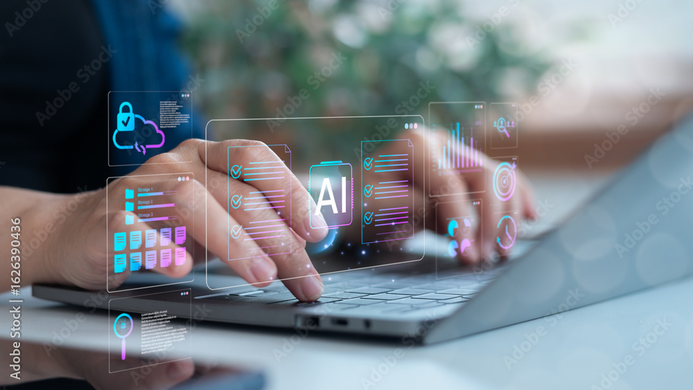 Poster hands typing on a laptop with an ai icon, digital documents, and a cloud security interface. concept