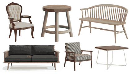 Upholstered armchair wooden bench stool striped armchair and coffee table vector