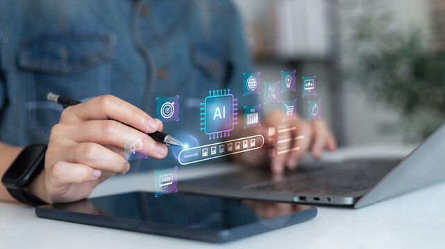 Hand using a pen to interact with AI, generate buttons, and marketing icons. Concept of AI-generated advertising, smart campaign creation, and automated content generation.