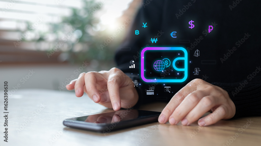 Poster hands using a smartphone with a digital wallet icon and global currency symbols. concepts of mobile 