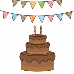 Festive chocolate birthday cake with two candles and colorful bunting flags decoration