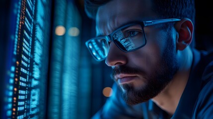 Focused man analyzing data on a digital screen in a modern tech environment.