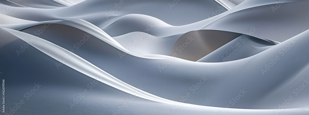 Poster abstract digital render depicting undulating wave forms with gradual shading of white and blue hues 