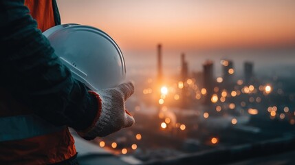 Construction Worker Holding Hard Hat At Sunrise Industrial Site
